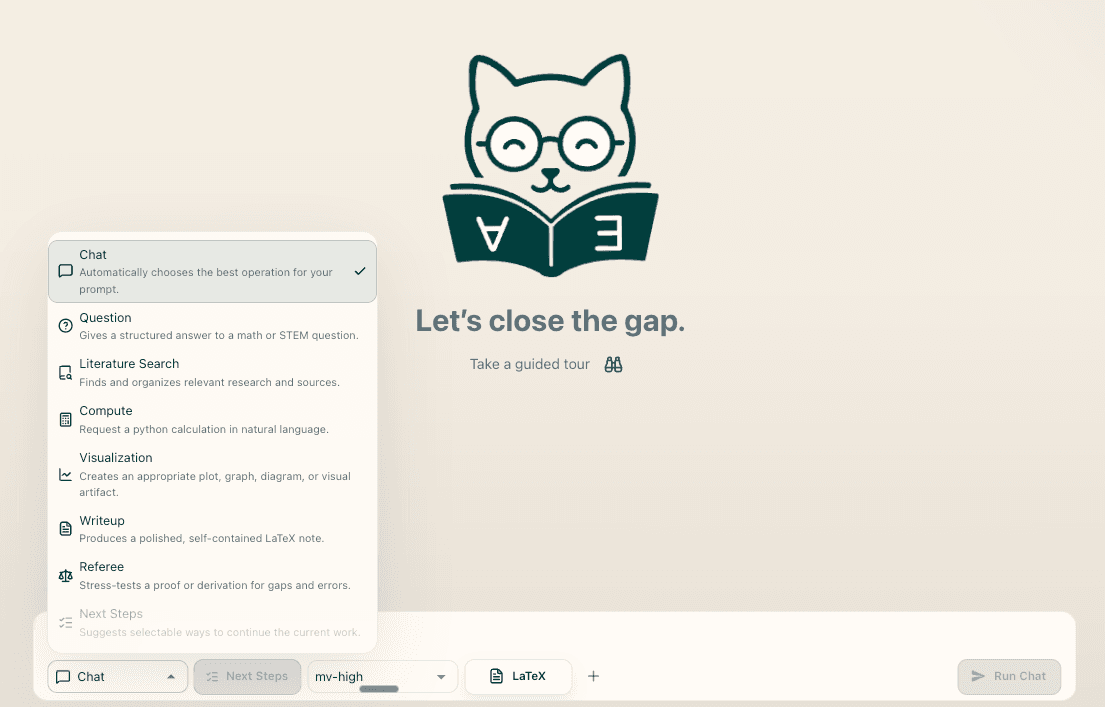 MathVision prebuilt research workflows menu alongside a guided mathematical chat