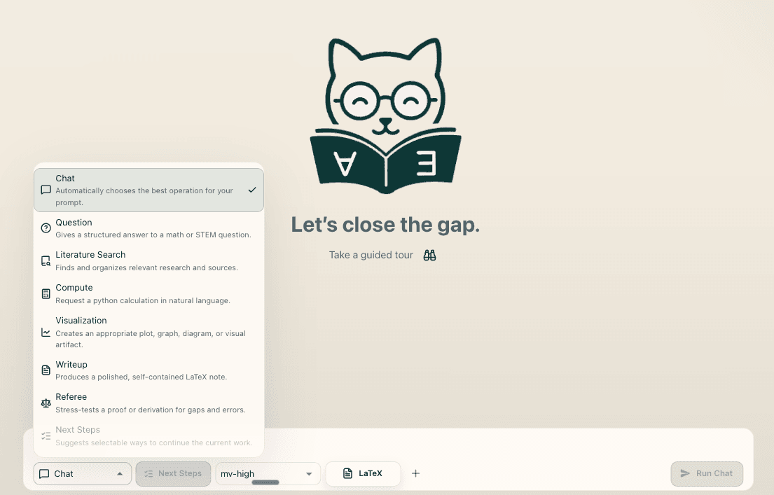 MathVision prebuilt research workflows menu alongside a guided mathematical chat