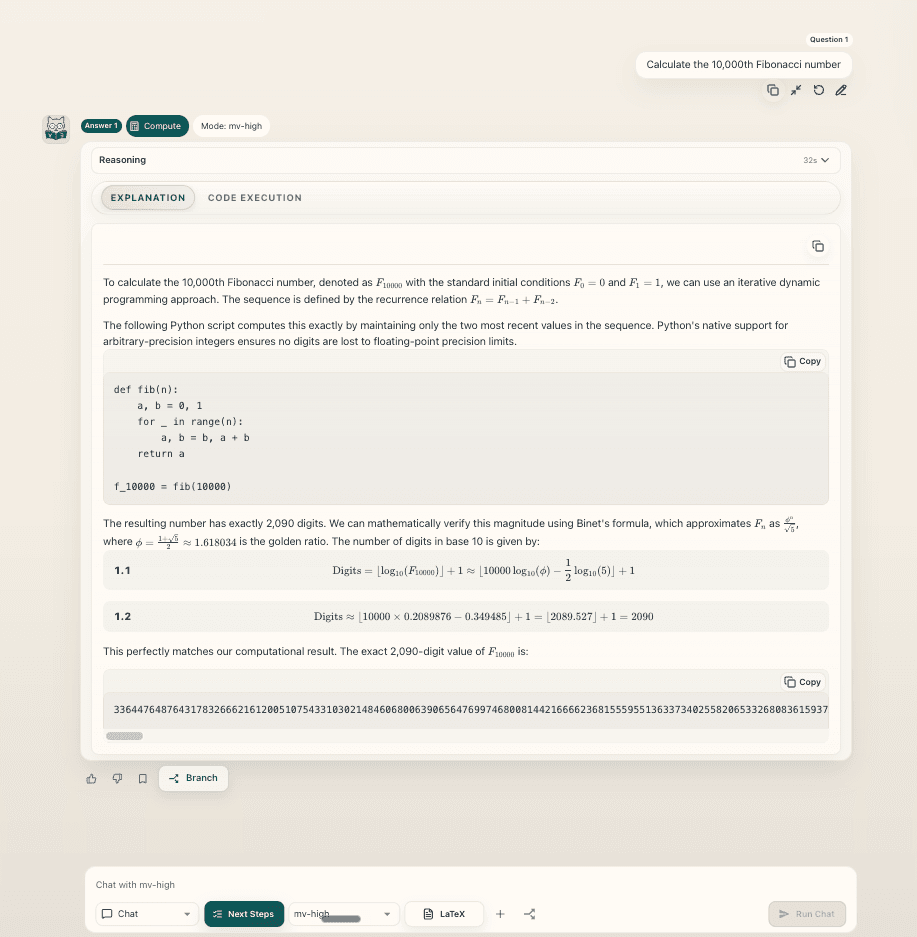 MathVision verified computation showing executable Python code and a Fibonacci calculation