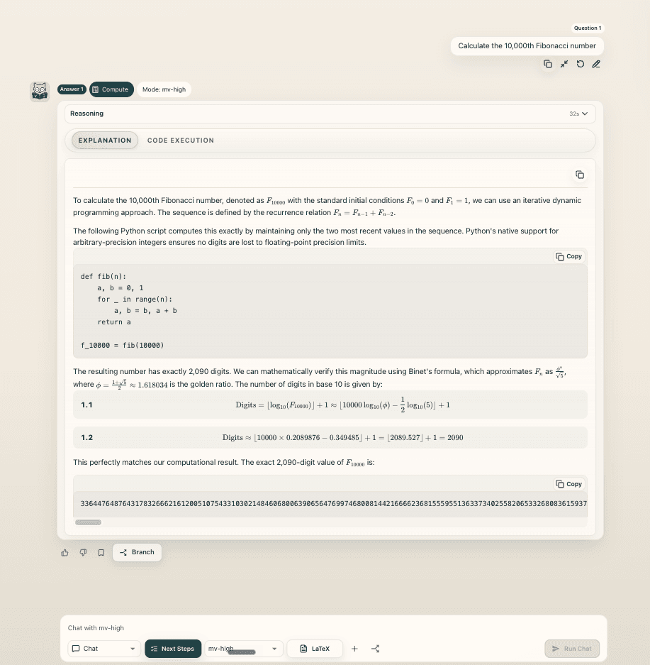 MathVision verified computation showing executable Python code and a Fibonacci calculation