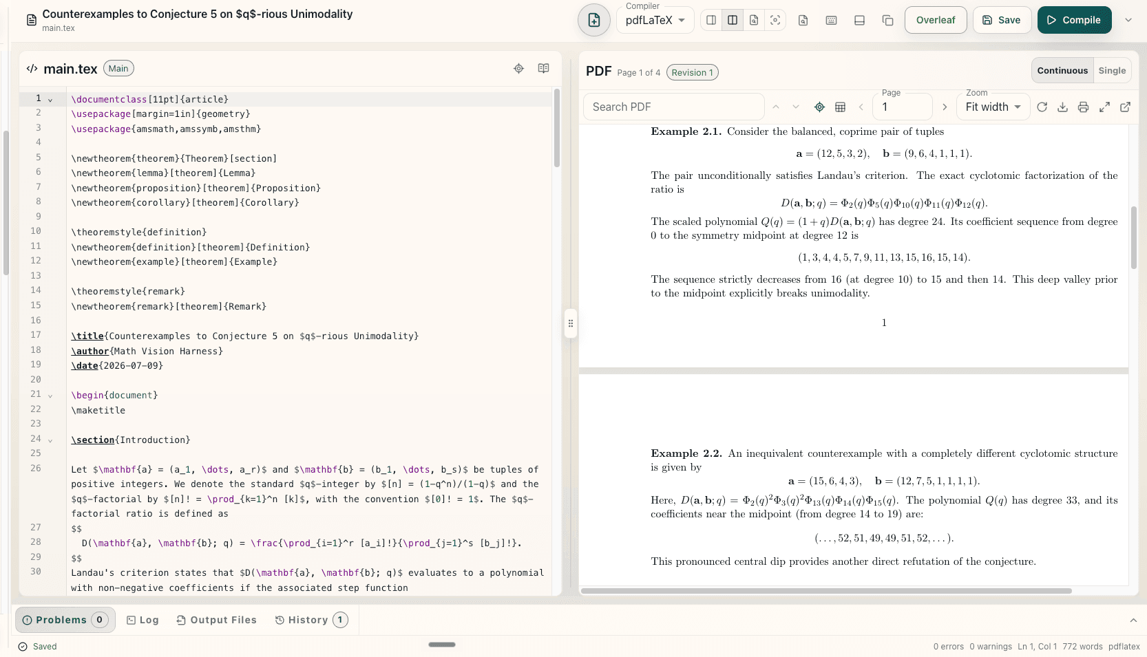 MathVision LaTeX editor showing source code alongside a compiled mathematical document