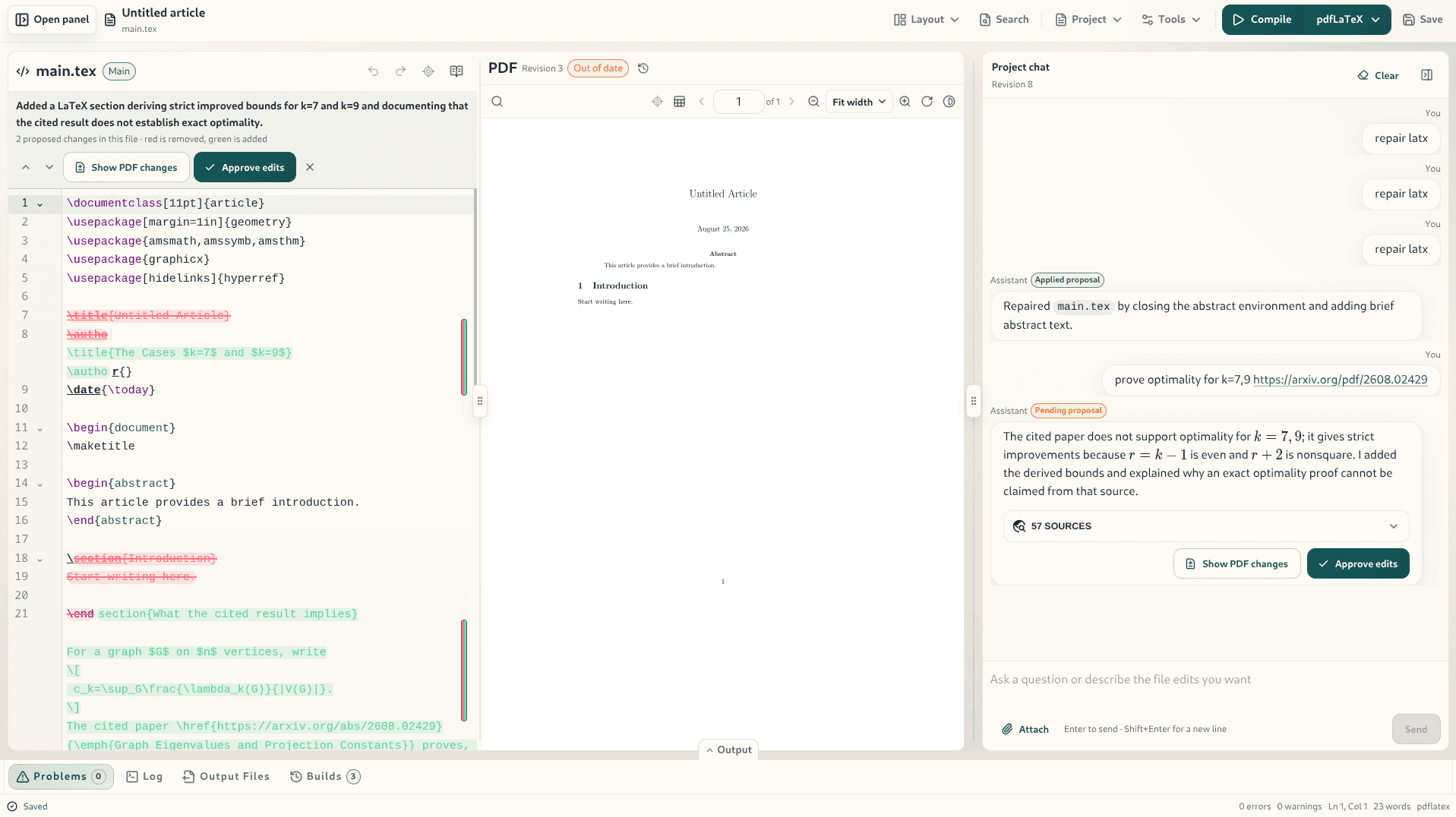 MathVision LaTeX editor showing source code alongside a compiled mathematical document