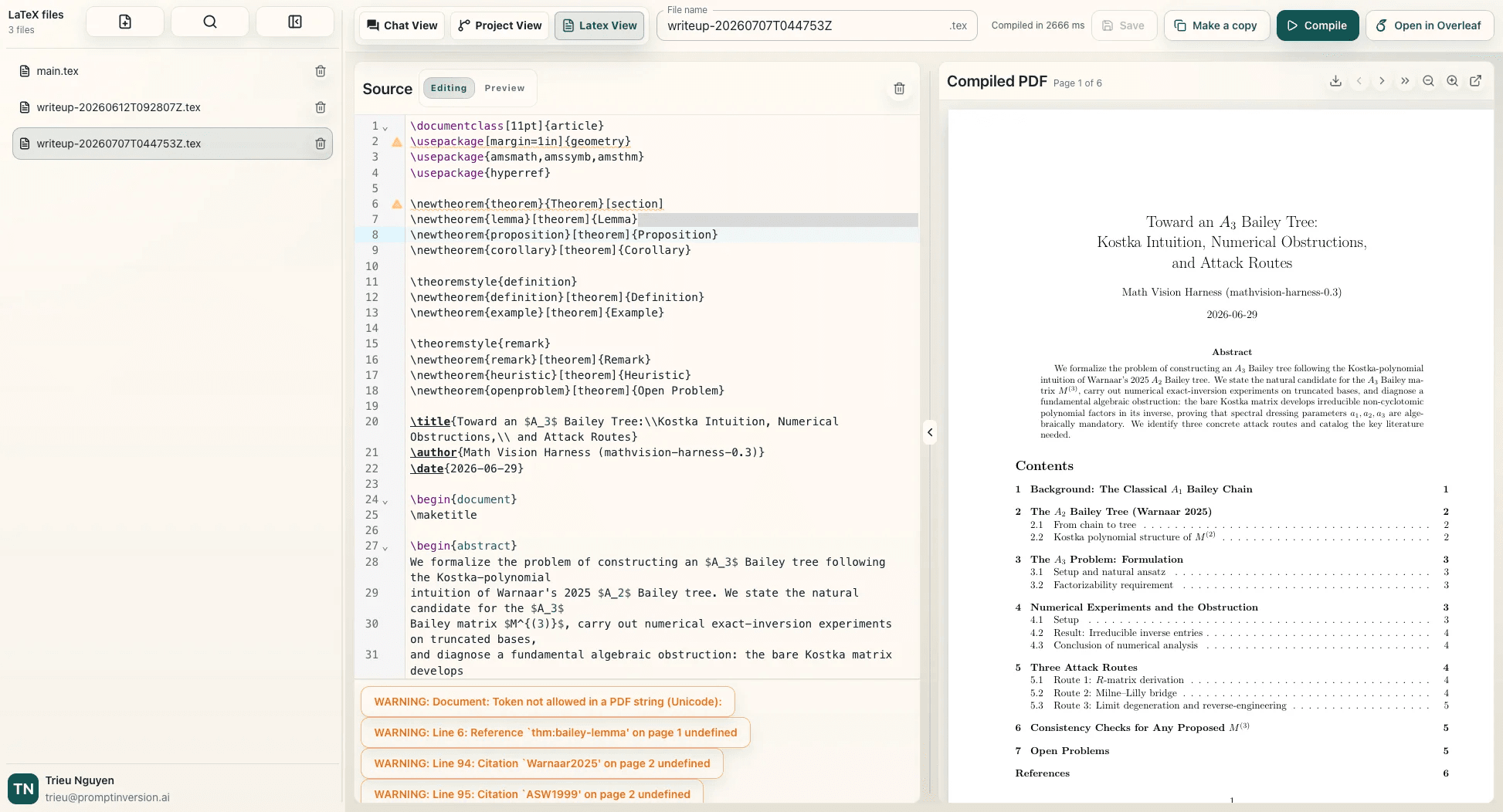 MathVision LaTeX editor showing source code alongside a compiled mathematical document