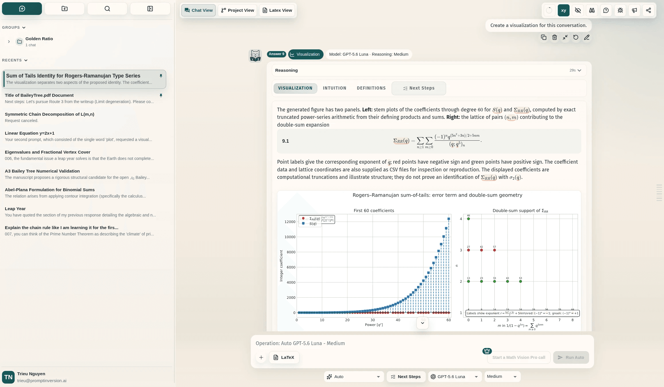 MathVision workspace showing proof templates, project history, and LaTeX tools