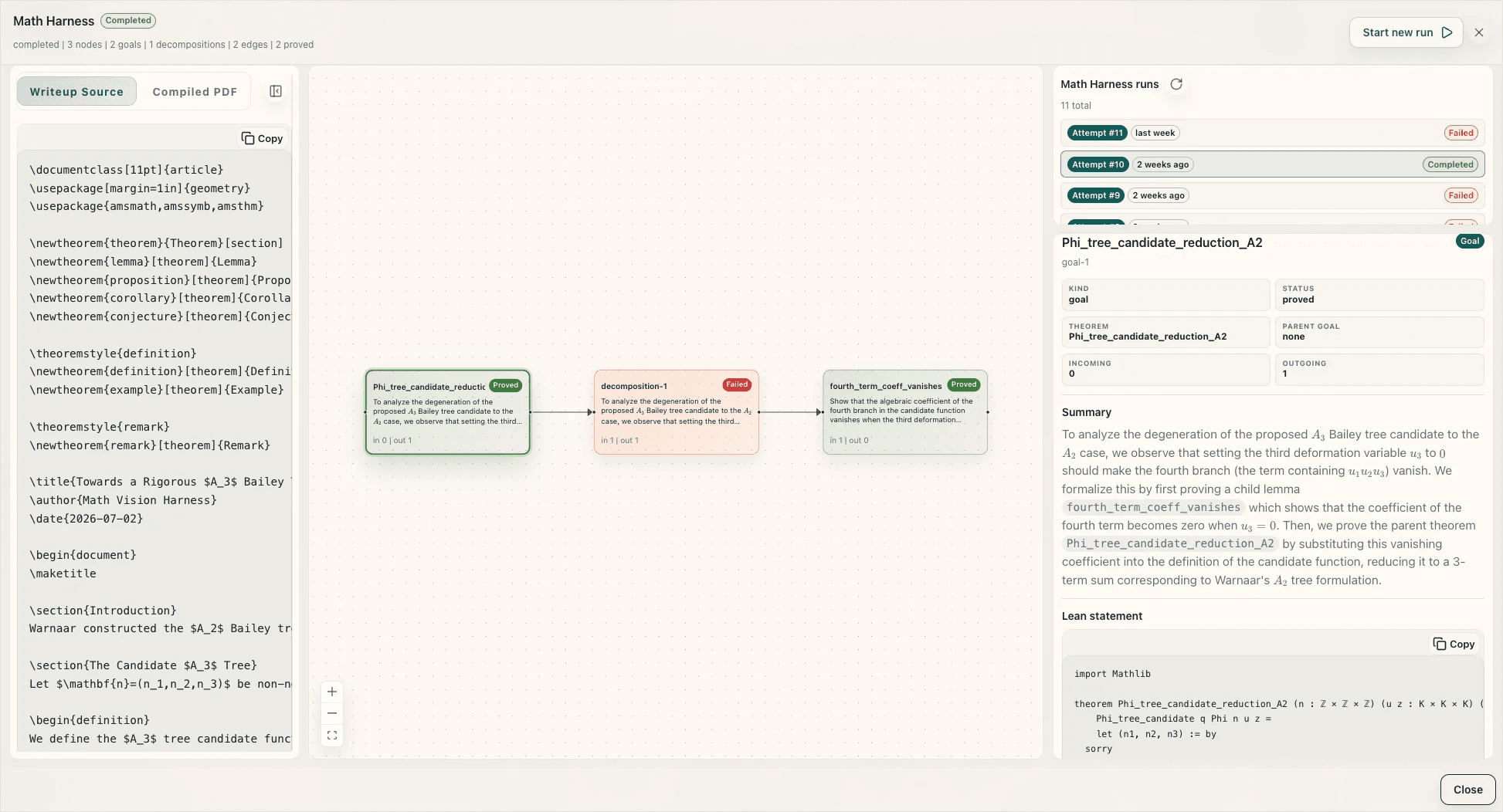 MathVision math harness showing proof goals, a graph of verification steps, and Lean output