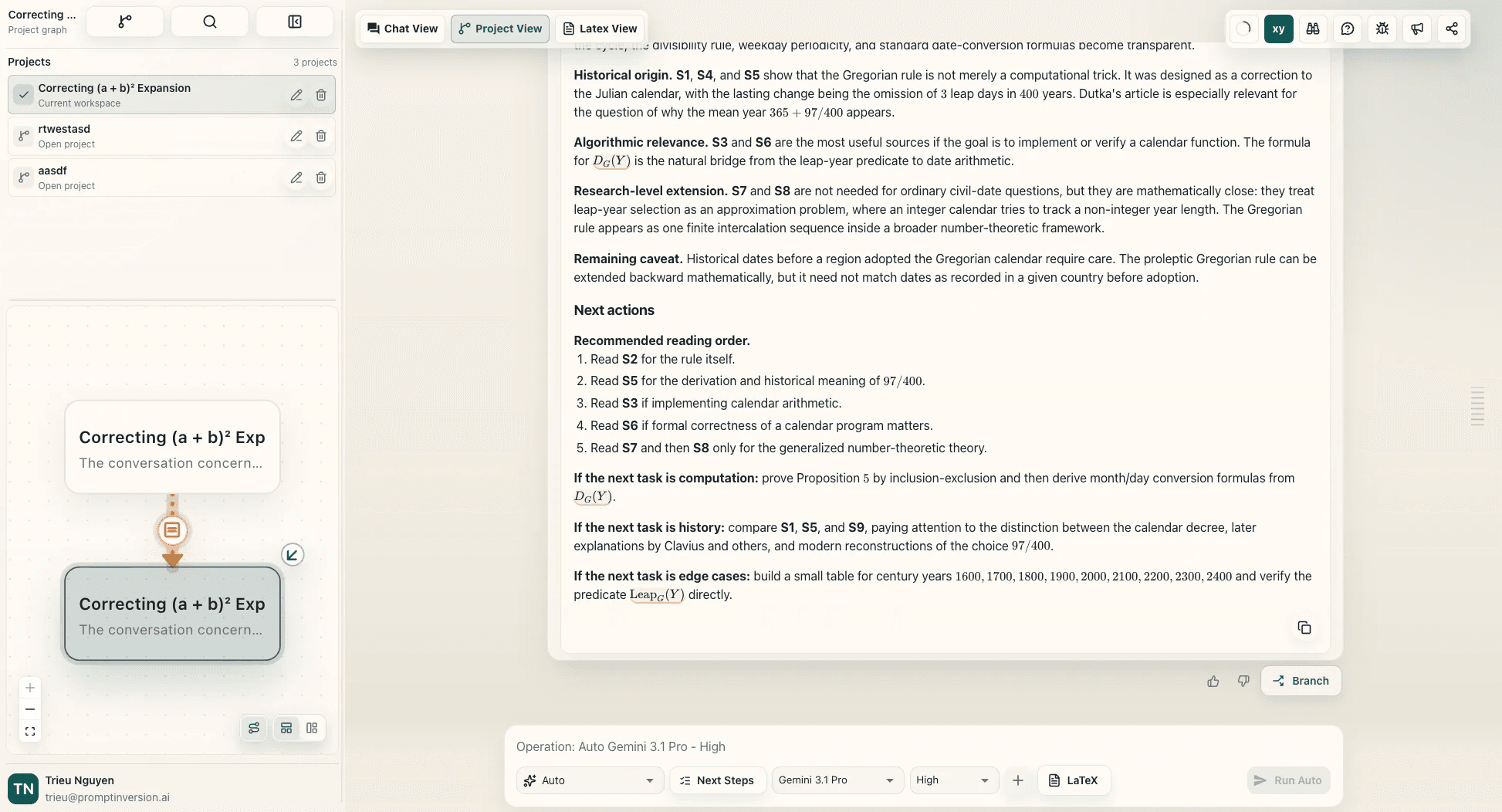 MathVision project view showing a research graph alongside a mathematical conversation